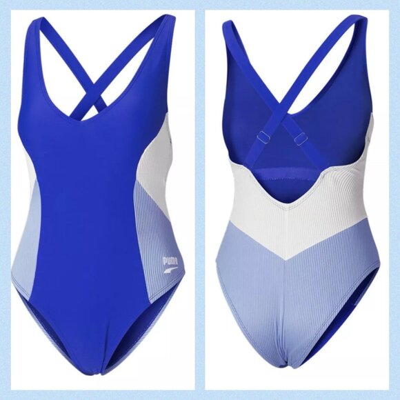Puma One Piece Mixed Media Swimsuit Womens Blue Casual Athletic XL - Picture 7 of 10